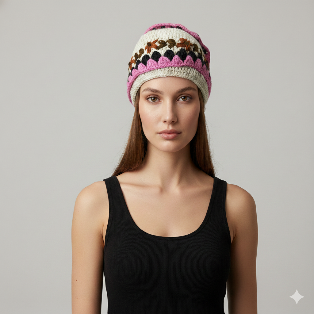 Recycled Hand Knit Cap  Crochet Wool Fleece Lined Winter Beanie Hat P9