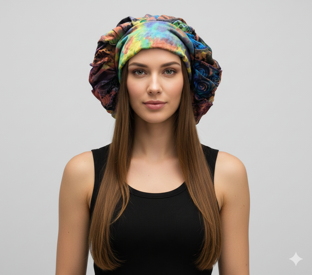 Recycled Reversible Bohemian Patchwork Block Print  Wide Band Bonnet Winter Hat P2