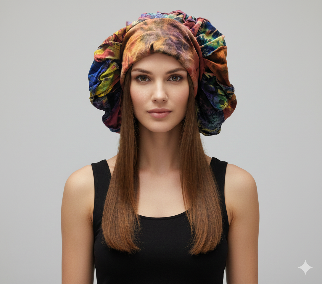 Recycled Reversible Bohemian Patchwork Block Print  Wide Band Bonnet Winter Hat P3