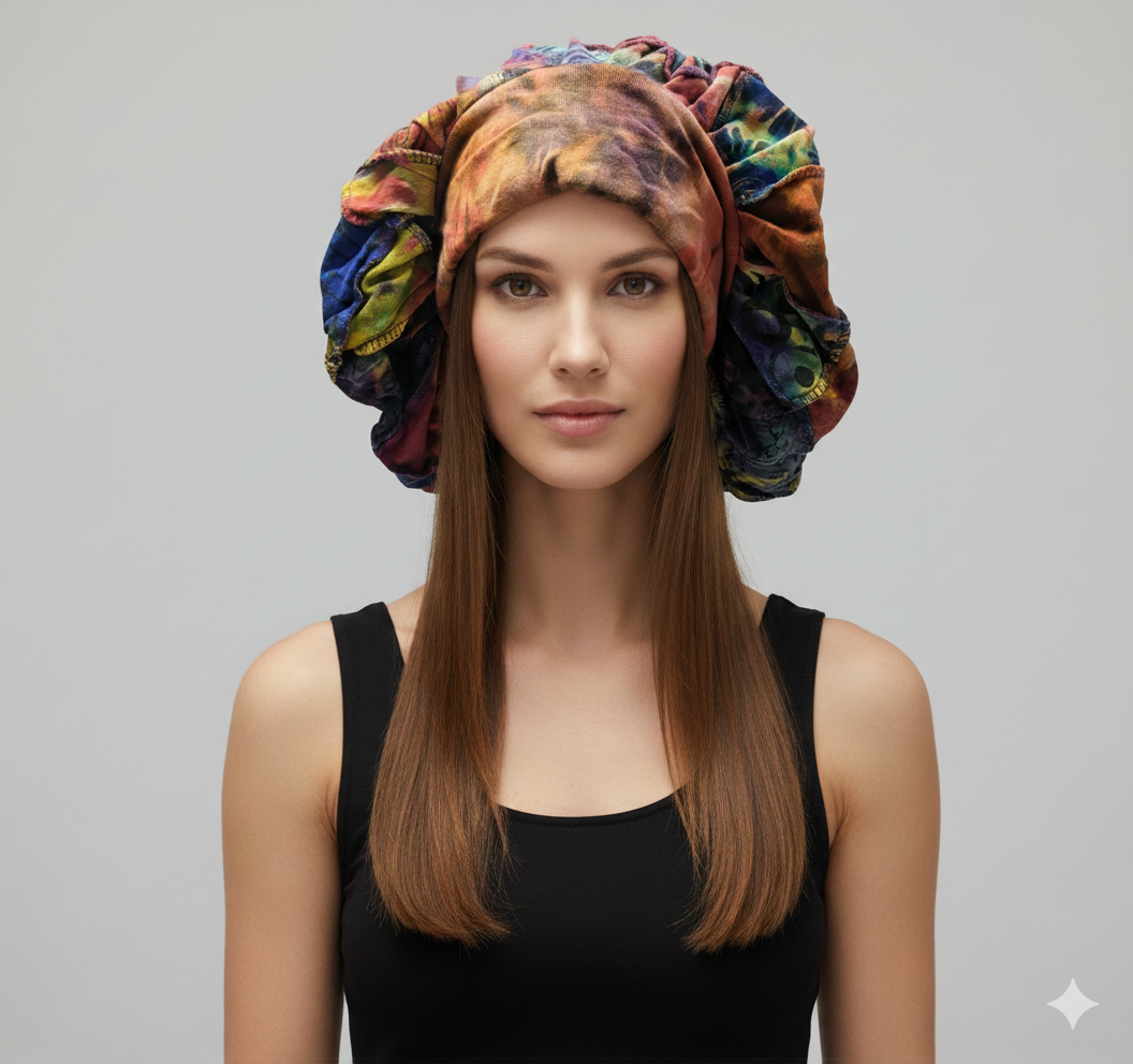 Recycled Reversible Bohemian Patchwork Block Print  Wide Band Bonnet Winter Hat P4