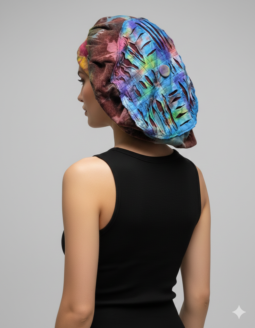 Recycled Bohemian Distressed Look Tie Dye Wide Band Bonnet Winter Hat P1