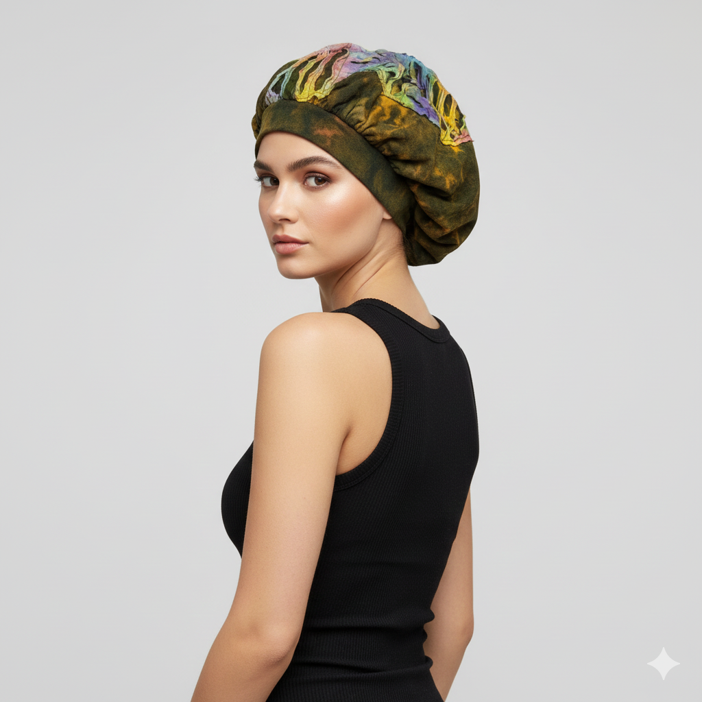 Recycled Bohemian Distressed Look Tie Dye Wide Band Bonnet Winter Hat P2