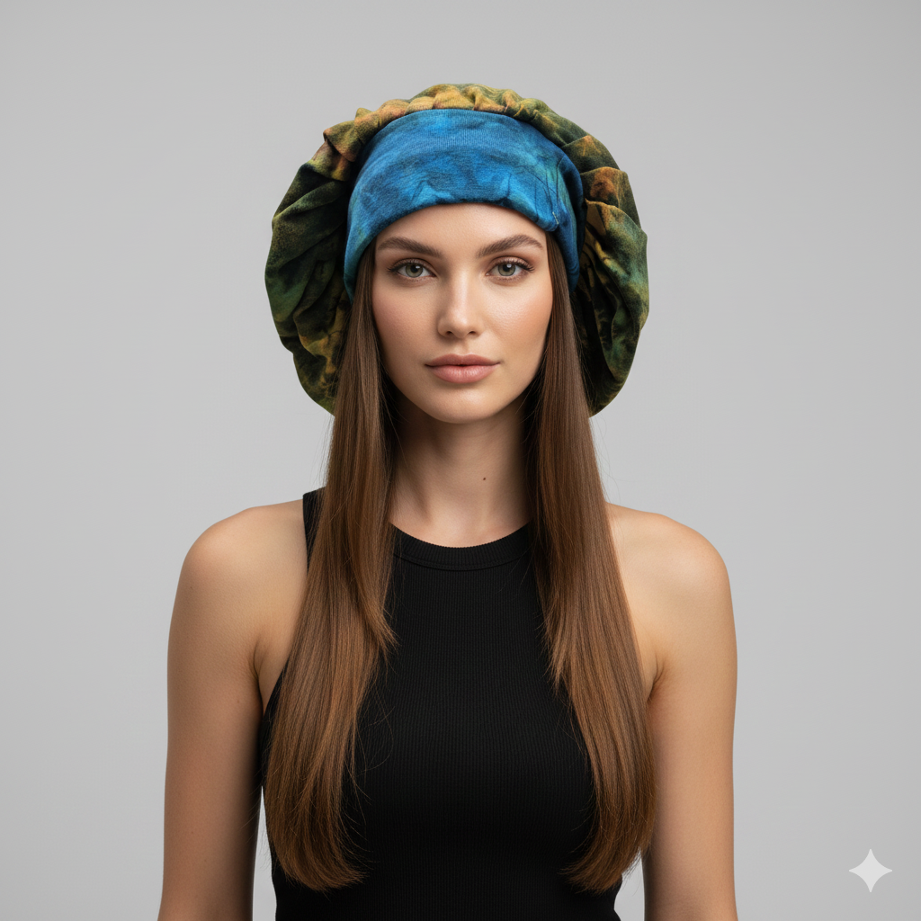 Recycled Bohemian Distressed Look Tie Dye Wide Band Bonnet Winter Hat P2