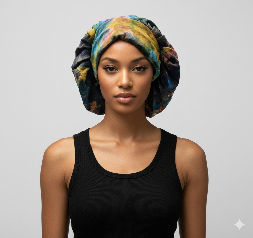 Recycled Bohemian Distressed Look Tie Dye Wide Band Bonnet Winter Hat P3