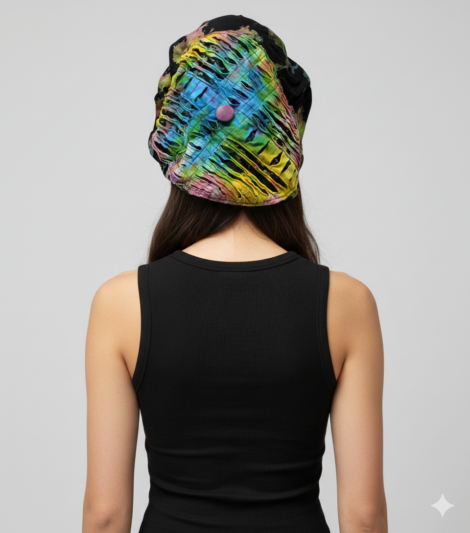 Recycled Bohemian Distressed Look Tie Dye Wide Band Bonnet Winter Hat P4