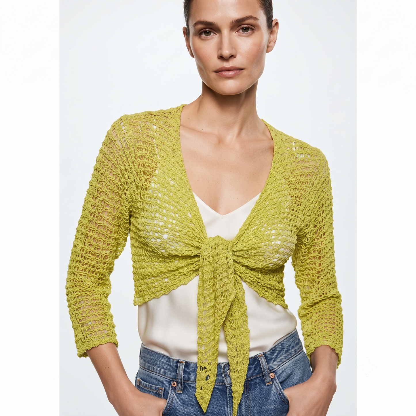 Womens Crochet Shrug front knot Chic lettuce hem Mesh Cardigan Free Size 8-20