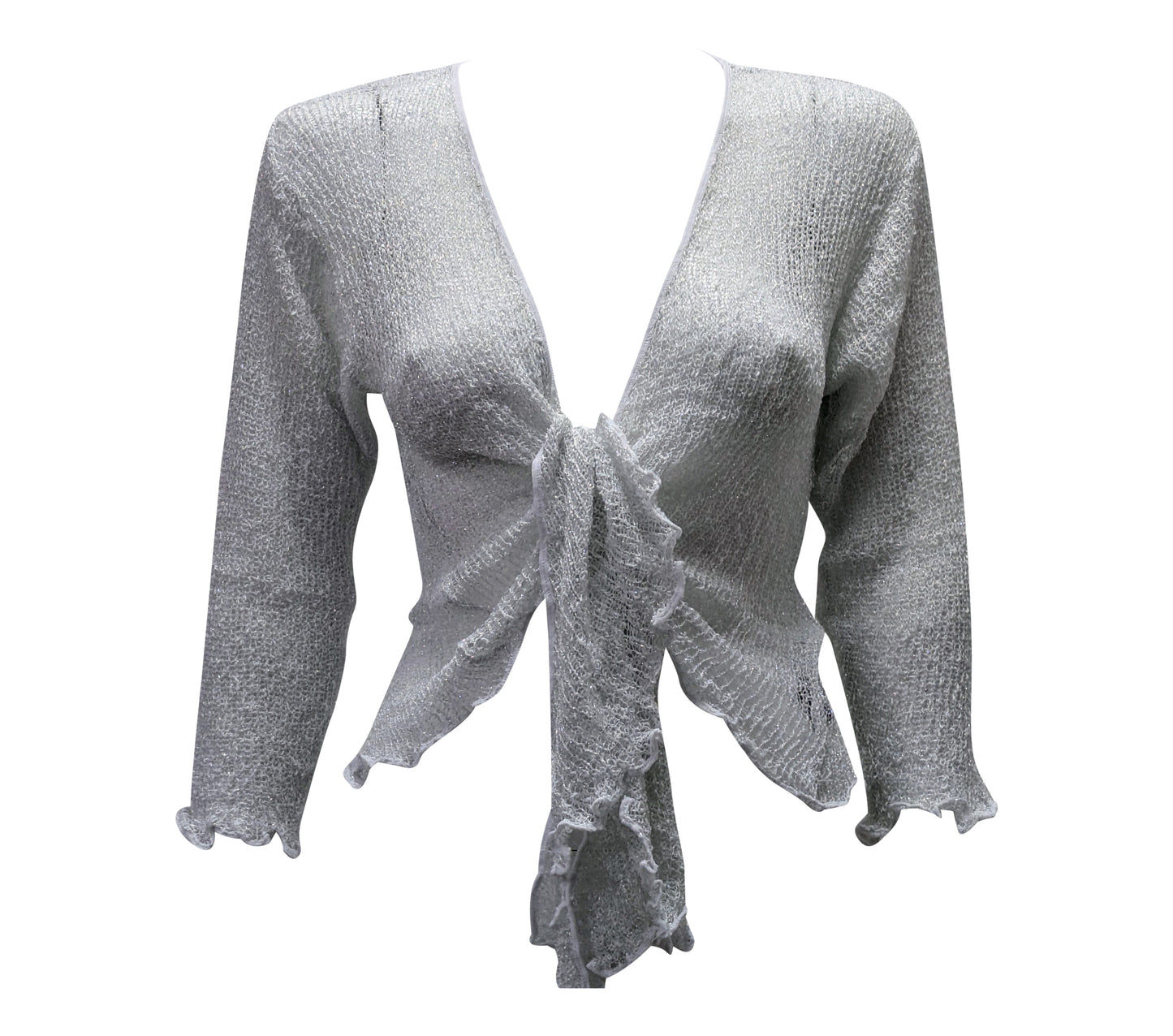 Women's Boho Lurex Knit Shrug Chic Crochet style Cardigan onesize Up To 20 WHITE & SILVER