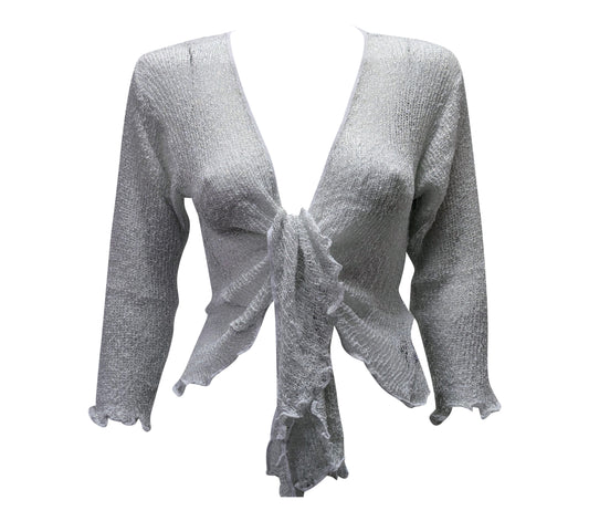 Women's Boho Lurex Knit Shrug Chic Crochet style Cardigan onesize Up To 20 WHITE & SILVER